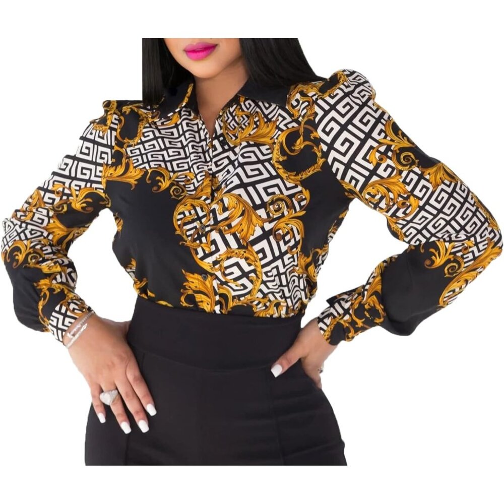 Women Outfit Collar Black Color Long Sleeve Floral Print Top Loose Sexy T Shirts